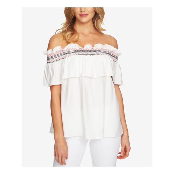 CECE Tops - CECE Womens Ivory Embroidered  Trim Short Sleeve Off Shoulder Blouse S